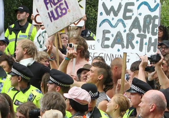 People gather to protest against the energy company Cuadrilla in Balcombe, UK. The company is currently test drilling for oil in the village and it is feared this could lead to potential fracking.