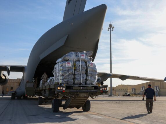 Qatar Emiri Air Force flight packing UK aid whilst on a visit to Qatar. Picture: Rory Arnold/No10 Downing Street