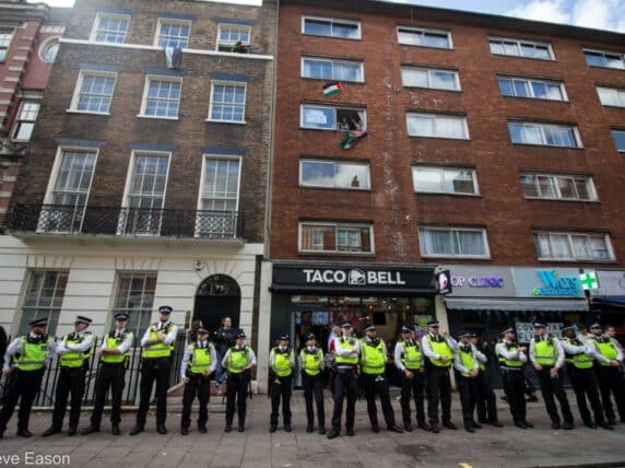 Police at the 20th National Ceasefire Now protest, central London 5th October 2024 Credit: Steve Eason