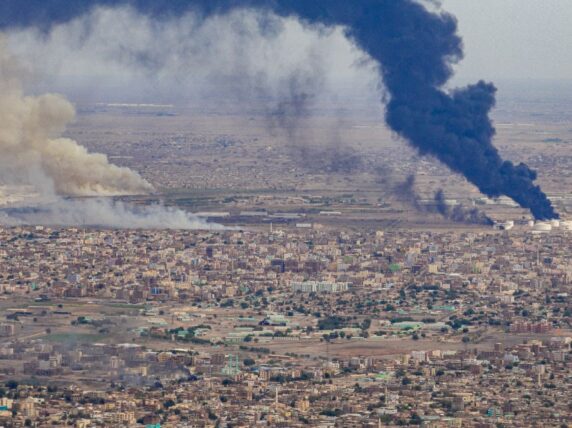 ‏An aerial photo dated June 7, 2023 showing fires of fuel and ammunition warehouses in the Jabra area south of the Sudanese capital Khartoum