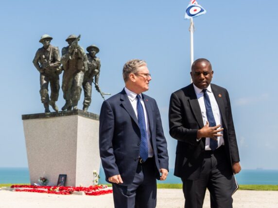 Keir Starmer, leader of the Labour Party, and David Lammy, Shadow Foreign Secretary, at the British Normandy memorial, on the 80th anniversary of D-Day. Picture date: Thursday June 6, 2024.